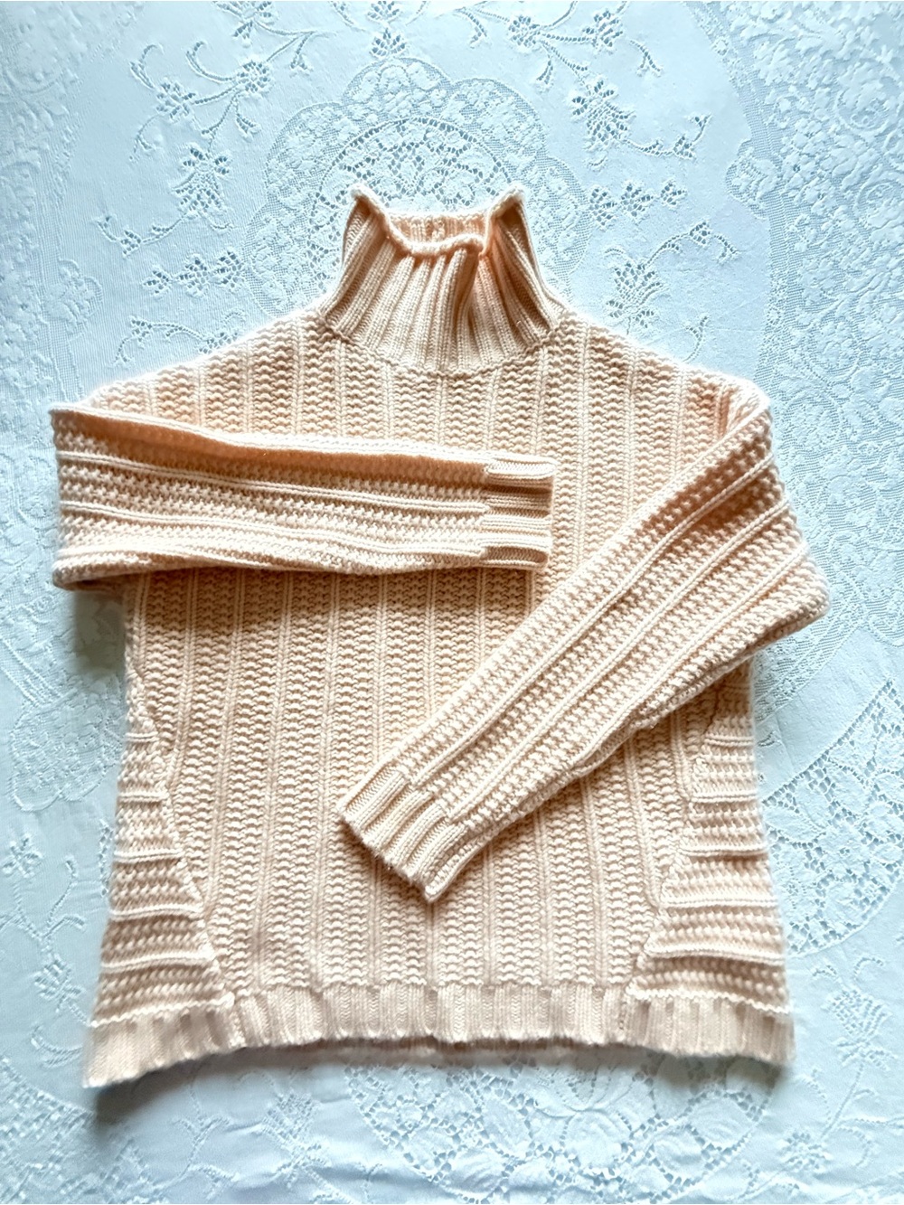Garnet Hill 100% Cashmere Chunky Ribbed Turtleneck Sweater Cream Beige S